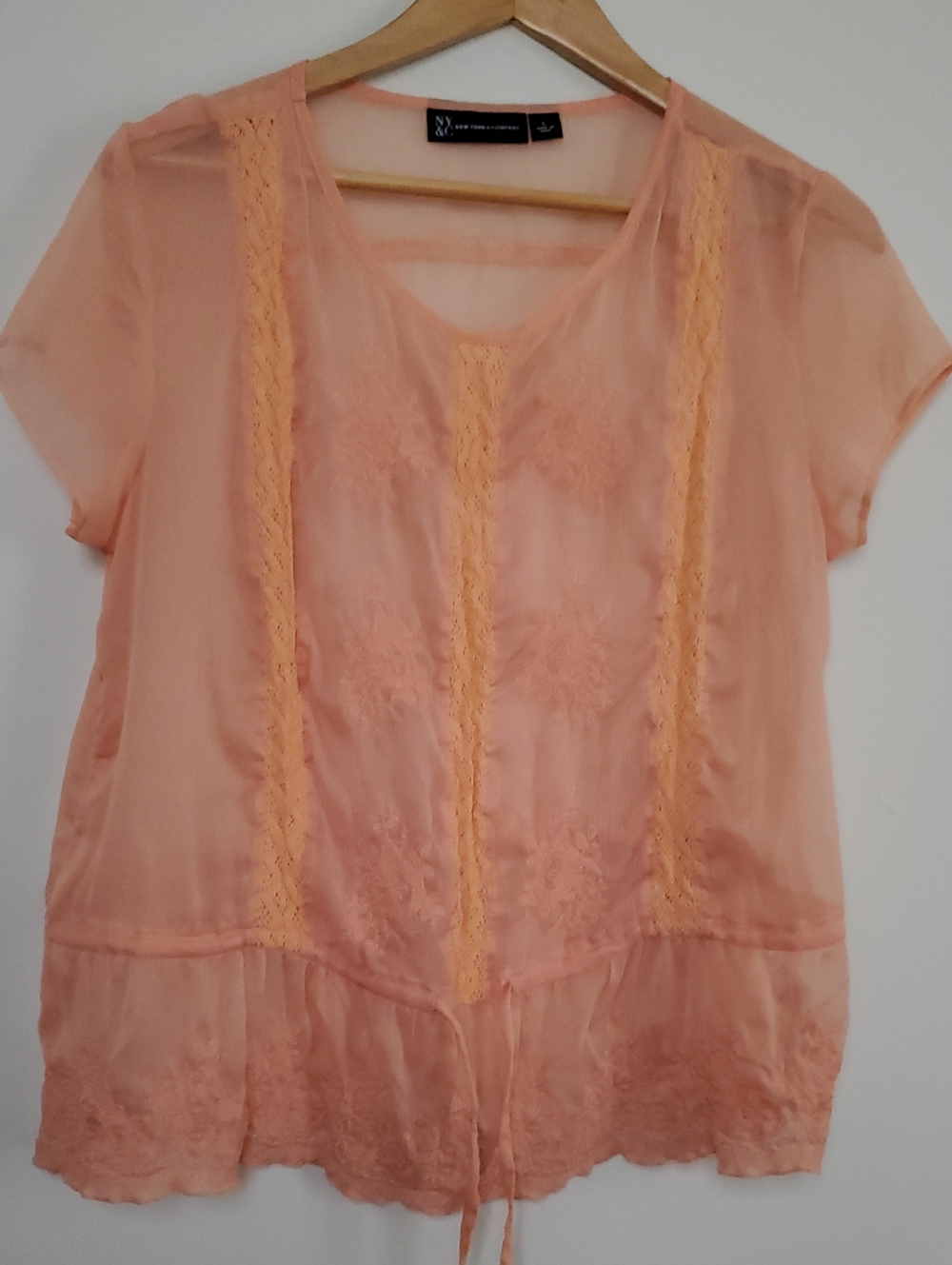 New York & Company Peach Sheer Lace-Trim Women's Top